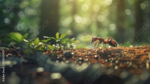 Ant carrying food back to the colony on a forest floor