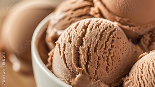 Creamy chocolate ice cream scoop closeup photo