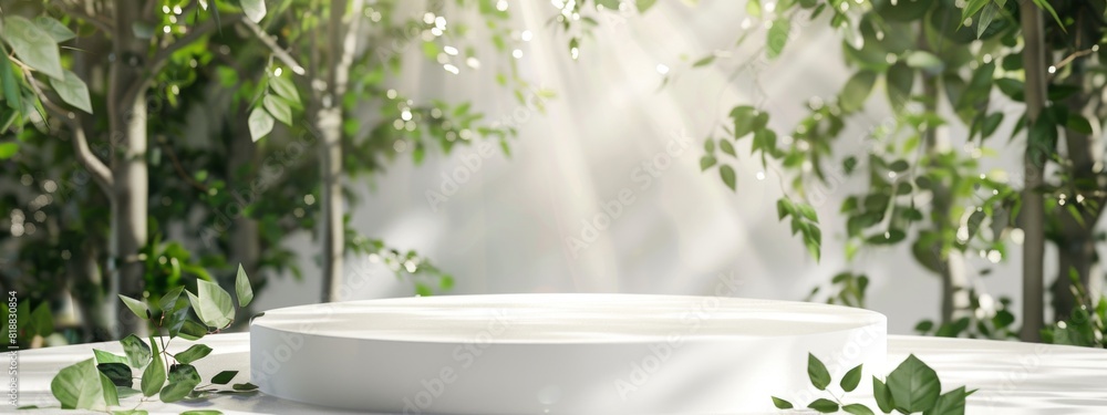 A white podium with trees and leaves in the background A white podium with trees and leaves in the background
