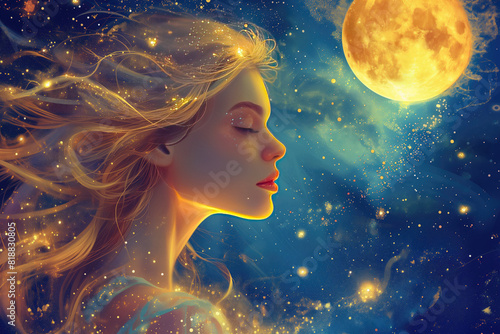 A woman with long blonde hair is looking up at a large yellow moon