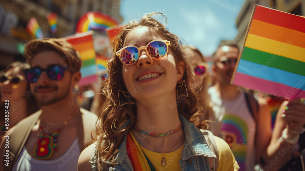 A diverse group of people hold up signs with messages of love and acceptance during a Pride rally, creating a powerful image of unity A diverse group of people hold up signs with messages of love and acceptance during a Pride rally, creating a powerful image of unity
