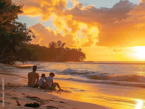 A family playing in the sand on a tropical beach, exuding happiness and relaxation, bathed in the warm glow of a sunset 