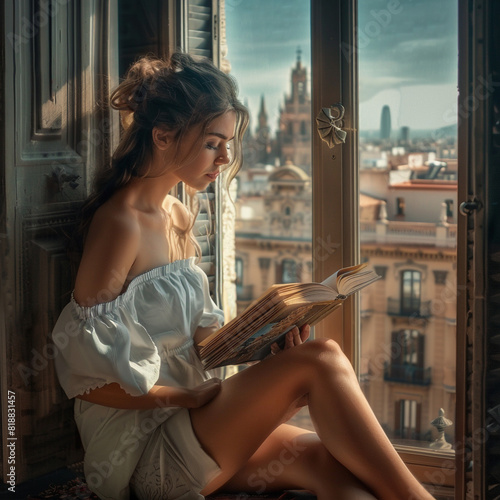Una modelo española morena con un moño alto lee un libro en un balcón con vista a la ciudad de Barcelona.  photo