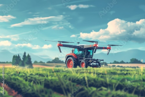 Modern vividly illustrated isometric vector drone technology in farming highlights precision agriculture equipment for advanced aerial view of coworker unmanned aerial vehicle farm.