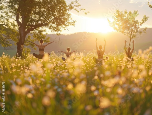 A group practicing yoga in a sunlit meadow, evoking calm and harmony, bathed in early morning light
