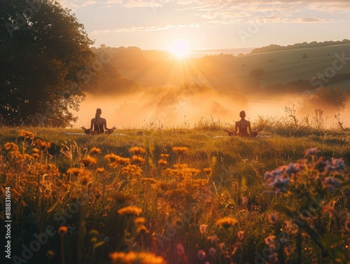 A group practicing yoga in a sunlit meadow, evoking calm and harmony, bathed in early morning light