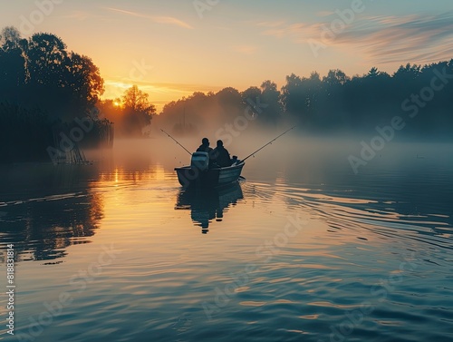 Friends on a boat during a fishing trip on a lake at dawn, representing tranquility and friendship, in soft dawn light 