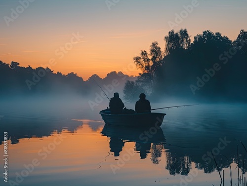 Friends on a boat during a fishing trip on a lake at dawn, representing tranquility and friendship, in soft dawn light 