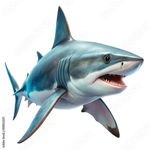 A great 3d white shark with its mouth open and sharp teeth on display.