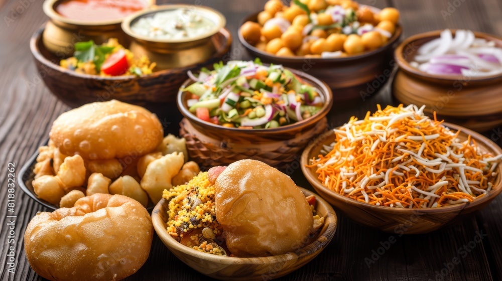 Assorted Indian street food including pani puri, bhel puri, and sev puri