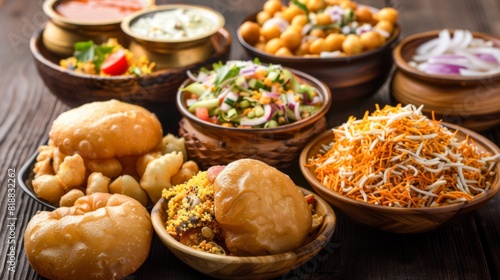 Assorted Indian street food including pani puri, bhel puri, and sev puri photo