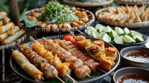 Assorted Thai appetizers including spring rolls, satay, and fish cakes