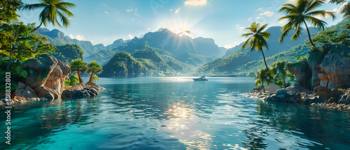 Majestic Lake Surrounded by Mountains and Tropical Forest  Stunning Scenery in a Tranquil Asian Landscape