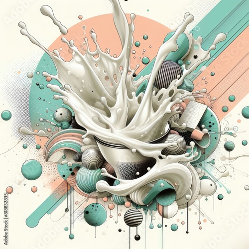3D Realistic Milk Splashes with Abstract Mint Figures - Abstract Splashes on White Background