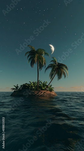 Tropical island oasis under a starry night sky with crescent moon