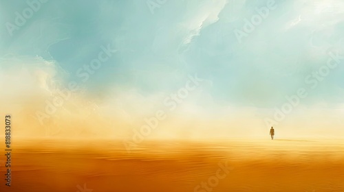 Solitary figure on a vibrant orange landscape under a dreamy blue sky