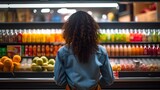 Woman stands in front of supermarket shelves with colorful products. Generative AI.