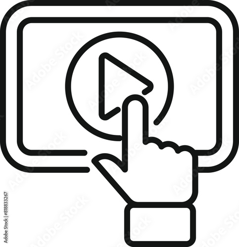 Black and white line art of a hand pressing a playback button on a digital screen