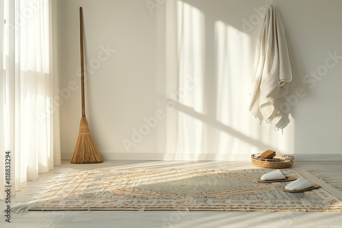 Empty room with a broom on the wall and items like slippers and a rug on the floor