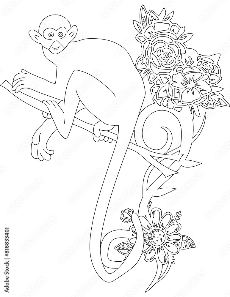 Fototapeta premium Monkey and A Floral Vine Coloring Page. Printable Coloring Worksheet for Adults and Kids. Educational Resources for School and Preschool.