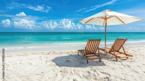 Beach chairs and an umbrella on a white sand beach Light bright background