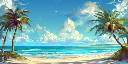 Beach sky sea vacation palm trees  illustration.