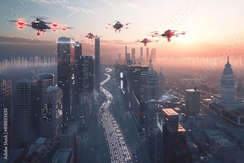 futuristic city selfdriving cars delivery drones skyline technology imagination innovations 3d rendering  photo