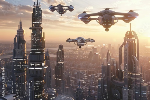 futuristic city selfdriving cars delivery drones skyline technology imagination innovations 3d rendering  photo