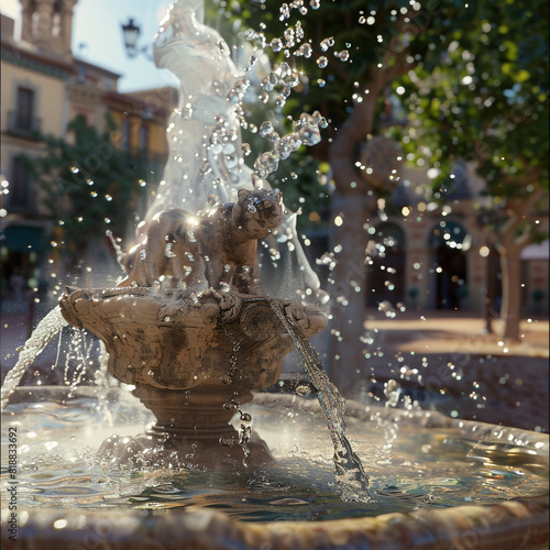 Una modelo pecosa con pecas salpica agua con alegría en una fuente de la plaza de su ciudad natal.  photo
