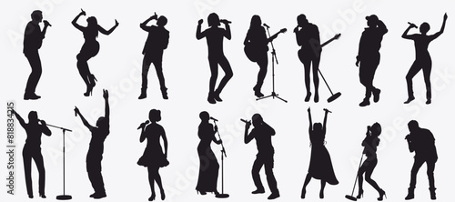 Set of singer silhouette. country music, rock stars, pop musician and hip hop rapper artist vocalists. 
