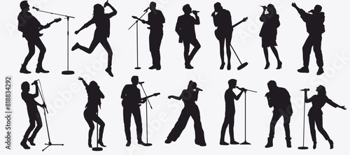 Collection of singers silhouette set. Musician, artist, drummer, keyboard, guitarist, singer, vocalist, performer, entertainer and bass guitarist. 