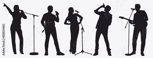 Set of singer silhouette. country music, rock stars, pop musician and hip hop rapper artist vocalists. 