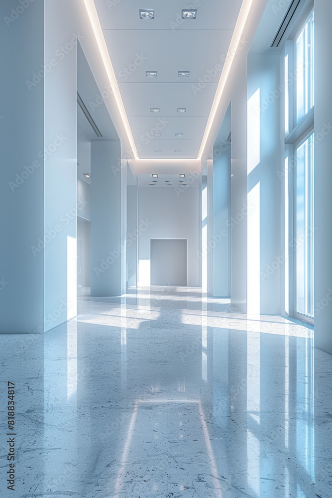 Fototapeta premium Spacious showroom ready for display with white walls and polished floors.