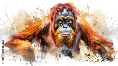 Artistic portrait of an orangutan with vibrant orange fur, set against a watercolor-splattered background, capturing its expressive face.