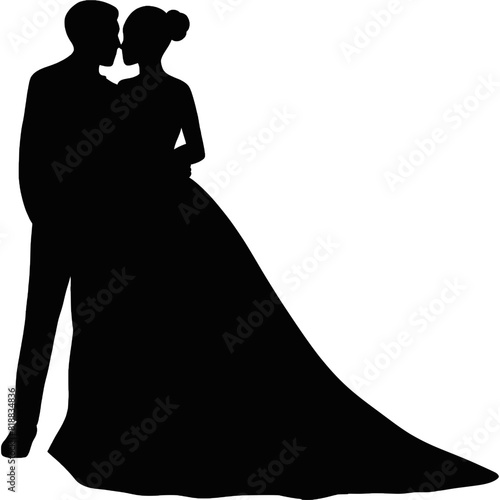 Bride and Groom in wedding dress, wedding couple, prince and princess silhouettes vector, pretty bridesmaids, wedding card
