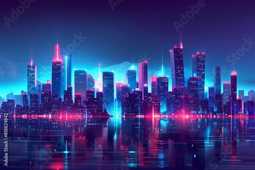 futuristic city skyline night neon cyberpunk scifi vector illustration glowing vivid metropolis vibrant modern digital 