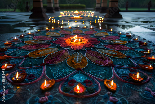 A large rangoli in the center of a Diwali celebration, surrounded by lit diyas