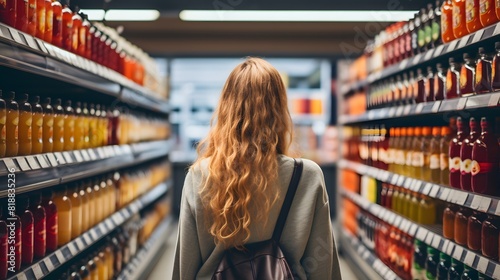 Woman stands in front of supermarket shelves with colorful products. Generative AI. photo