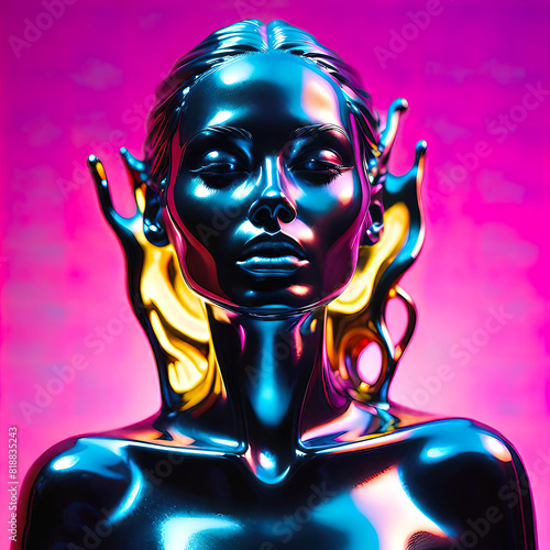 portrait of an emotionally liberated woman  a sculptural portrait of a supermodel in neon lighting  covered in liquid molten liquid. Surreal fashion concept.
