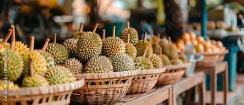 Durian fruit arranged in baskets at a market