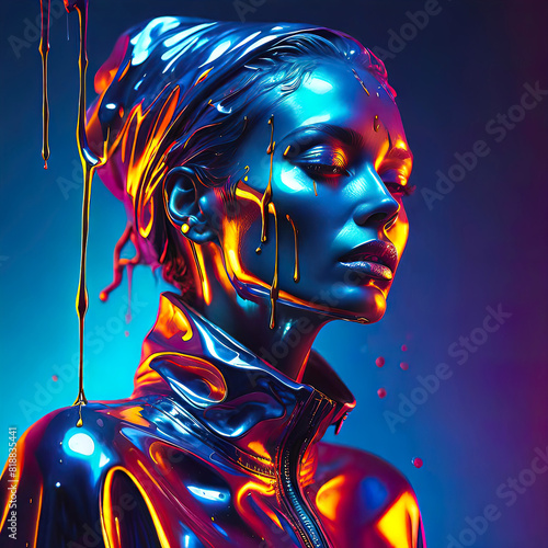 portrait of an emotionally liberated woman, a sculptural portrait of a supermodel in neon lighting, covered in liquid molten liquid. Surreal fashion concept.