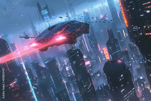 futuristic city skyline skyscrapers flying cars energy beams scifi metropolis cyberpunk glowing neon technology digital concept art 