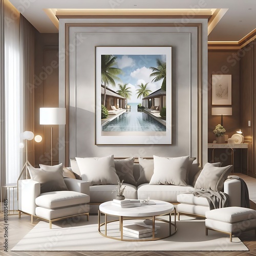 A living Room with a mockup poster empty white and with a large picture on the wall art realistic lively art meaning.