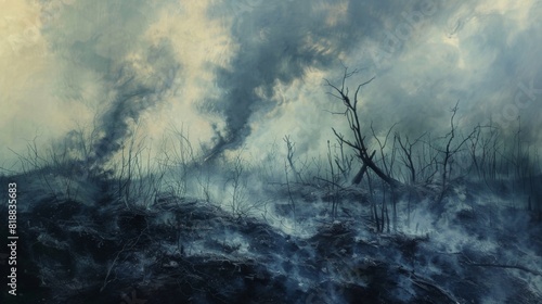 Charred landscape with smoke rising from burnt trees and vegetation