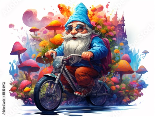 A gnome on a bicycle in a retro 80s setting, with neon colors and geometric patterns, Watercolor, Pop art, Bold and vibrant