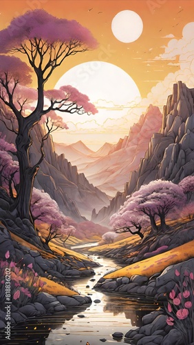 Sunrise Over Serene River Flowing Through Blooming Forest  A Mystical Japanese Landscape Painting