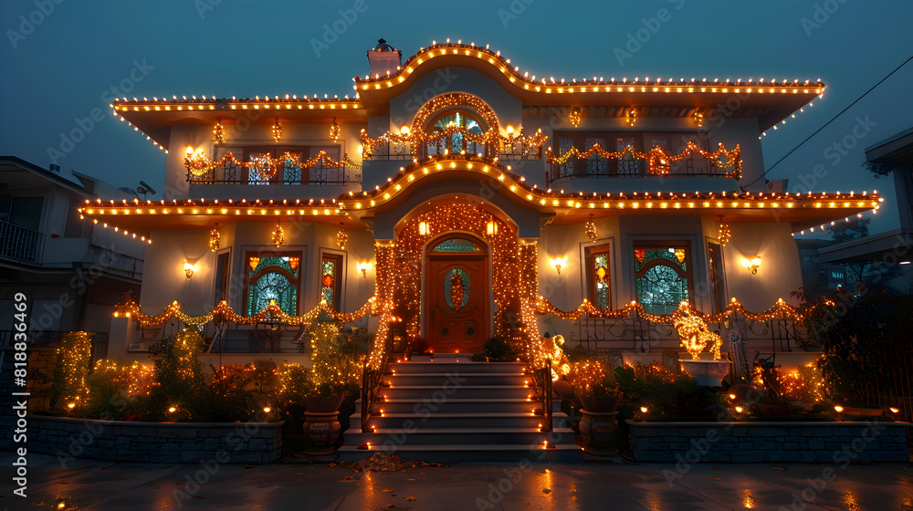 A night scene of a house decorated with strings of colorful Diwali lights A night scene of a house decorated with strings of colorful Diwali lights