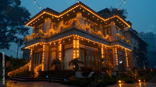 A night scene of a house decorated with strings of colorful Diwali lights