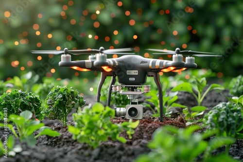 Modern isometric vector illustration of drone technology in advanced farming highlights precision agriculture equipment for aerial view of coworker unmanned aerial vehicle.