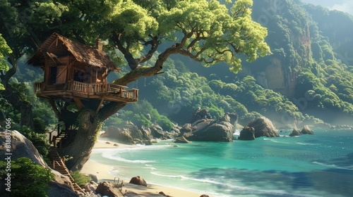 Beautiful scenery atop tree house and beach. Tree house in the mountains